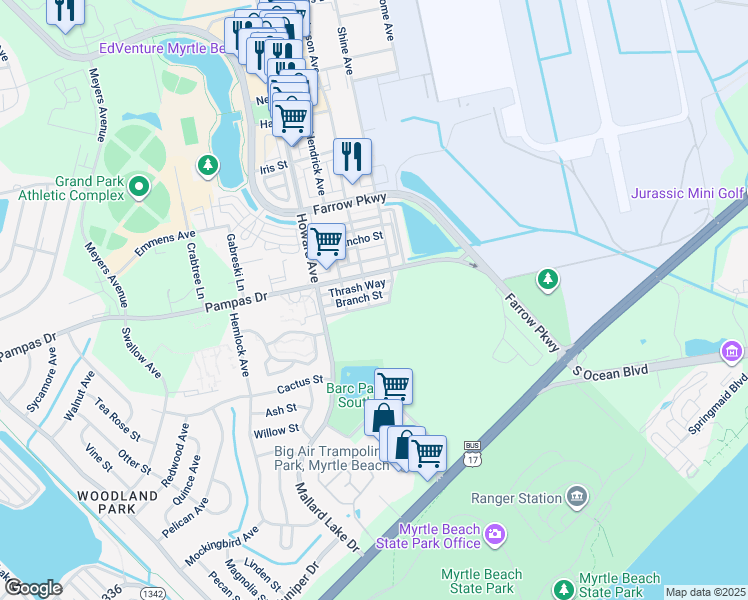 map of restaurants, bars, coffee shops, grocery stores, and more near 3425 Thrash Way in Myrtle Beach