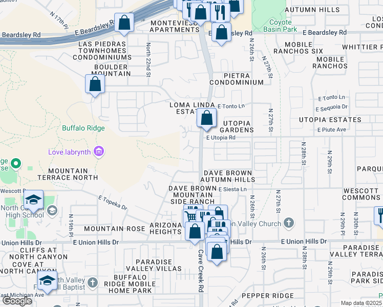 map of restaurants, bars, coffee shops, grocery stores, and more near 19226 North Cave Creek Road in Phoenix