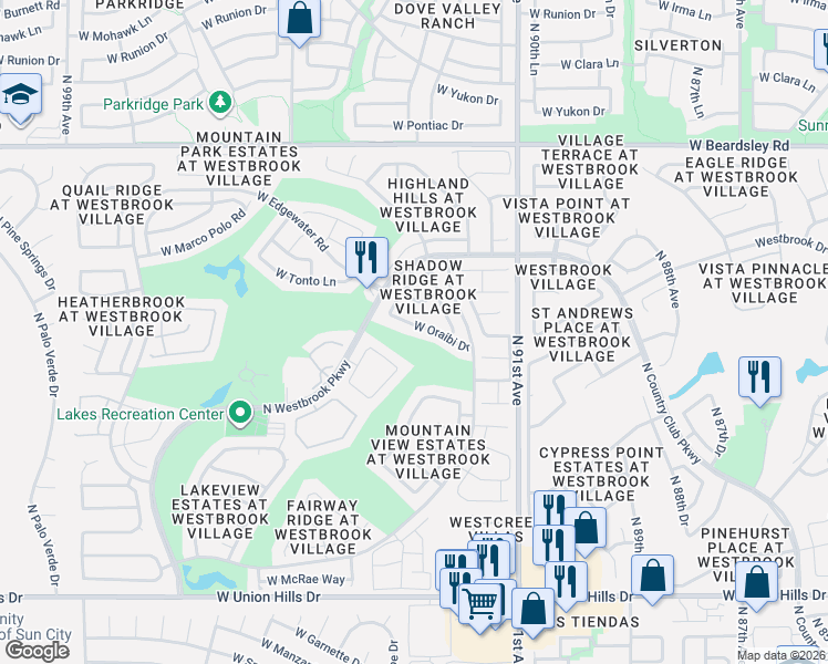 map of restaurants, bars, coffee shops, grocery stores, and more near 9228 West Oraibi Drive in Peoria