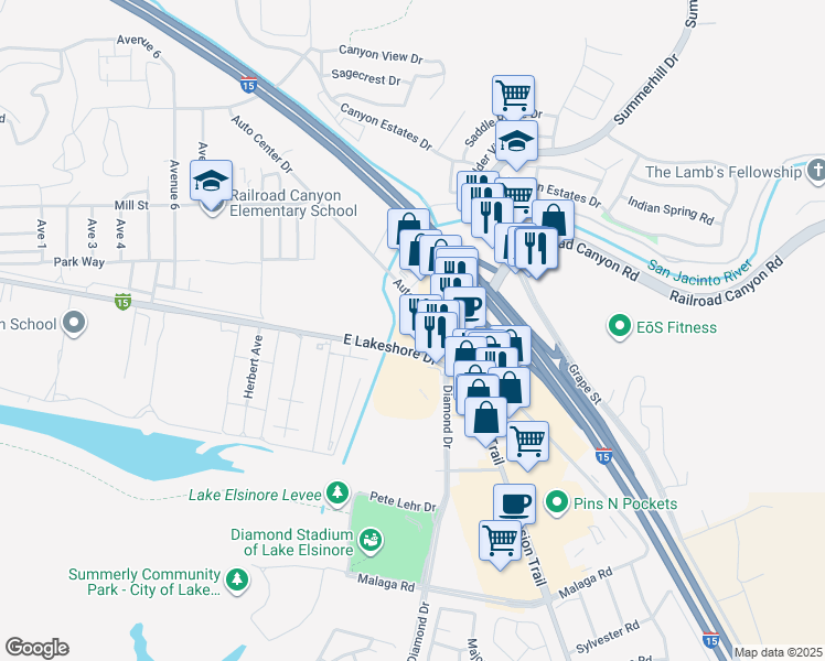 map of restaurants, bars, coffee shops, grocery stores, and more near 2091 East Lakeshore Drive in Lake Elsinore
