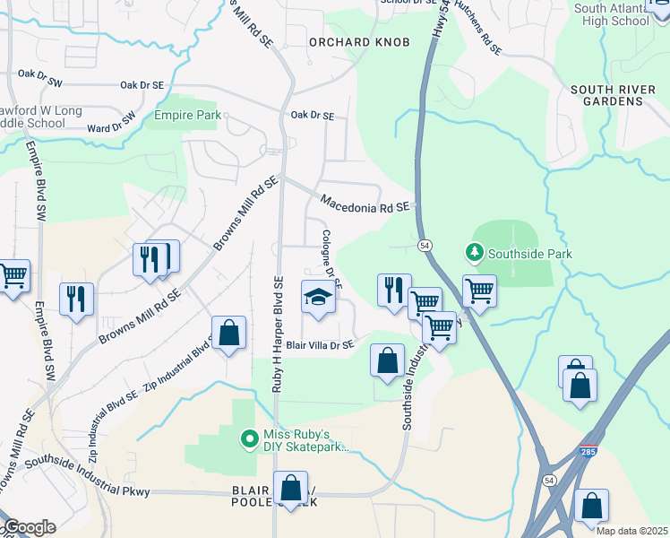 map of restaurants, bars, coffee shops, grocery stores, and more near 442 Cologne Drive Southeast in Atlanta