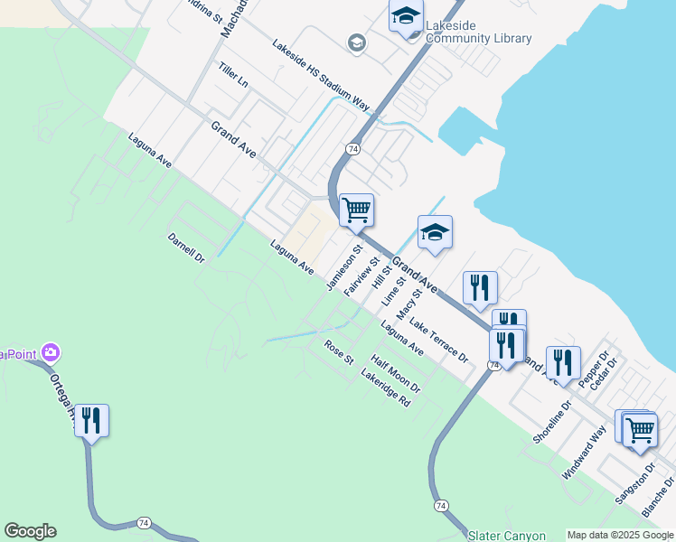map of restaurants, bars, coffee shops, grocery stores, and more near 33119 Jamieson Street in Lake Elsinore