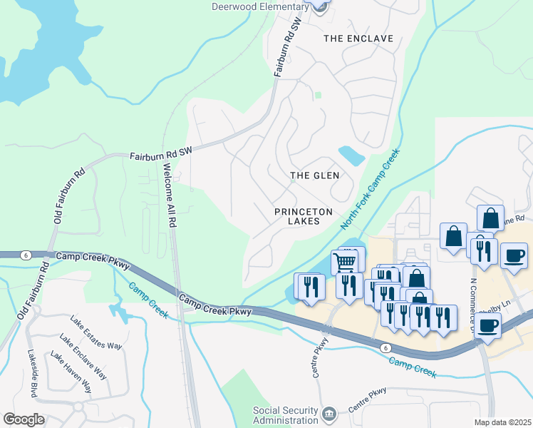map of restaurants, bars, coffee shops, grocery stores, and more near 3613 Tinsley Way Southwest in Atlanta