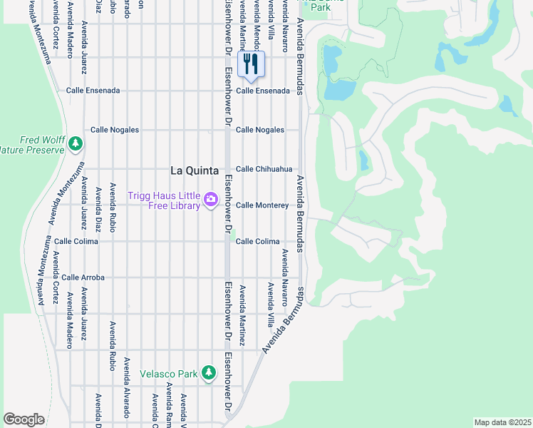 map of restaurants, bars, coffee shops, grocery stores, and more near 53305 Avenue Villa in La Quinta