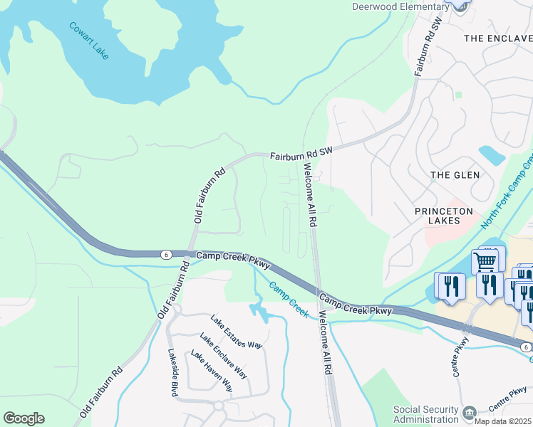 map of restaurants, bars, coffee shops, grocery stores, and more near 3452 Village Park Lane Southwest in Atlanta
