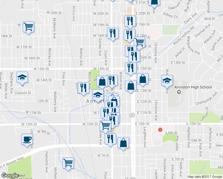 map of restaurants, bars, coffee shops, grocery stores, and more near 1302 Noble Street in Anniston