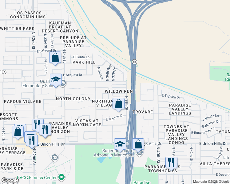 map of restaurants, bars, coffee shops, grocery stores, and more near 3727 East Kristal Way in Phoenix