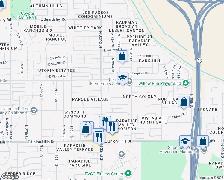 map of restaurants, bars, coffee shops, grocery stores, and more near 3229 East Kristal Way in Phoenix