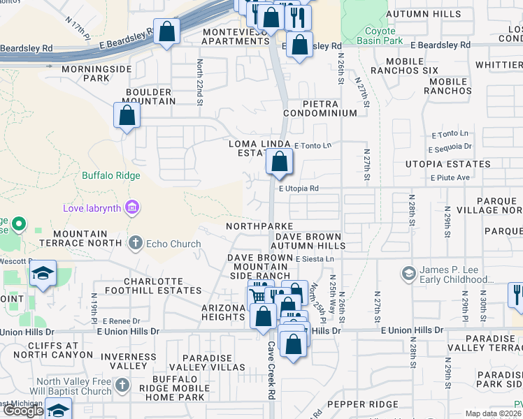 map of restaurants, bars, coffee shops, grocery stores, and more near 19226 North Cave Creek Road in Phoenix