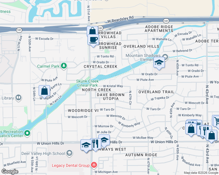 map of restaurants, bars, coffee shops, grocery stores, and more near 5002 West Kristal Way in Glendale