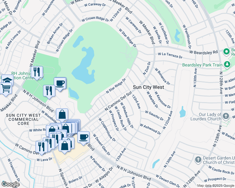 map of restaurants, bars, coffee shops, grocery stores, and more near 19635 North Star Ridge Drive in Sun City West
