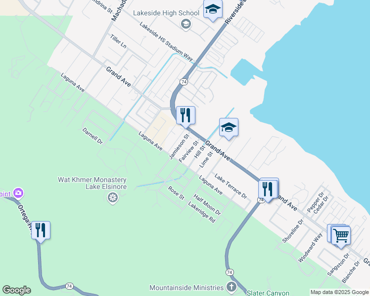map of restaurants, bars, coffee shops, grocery stores, and more near 33033 Fairview Street in Lake Elsinore
