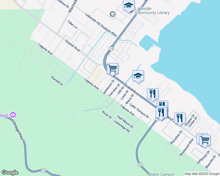 map of restaurants, bars, coffee shops, grocery stores, and more near 33091 Jamieson Street in Lake Elsinore