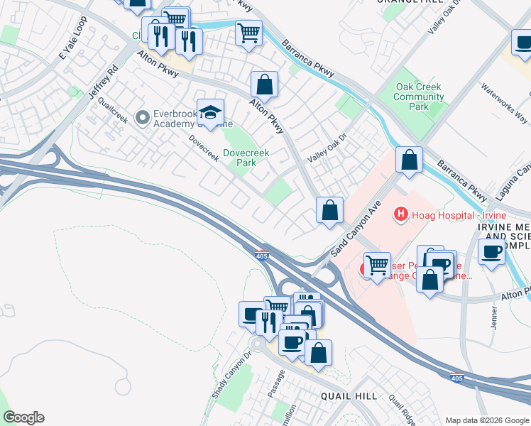 map of restaurants, bars, coffee shops, grocery stores, and more near 39 Kelsey in Irvine