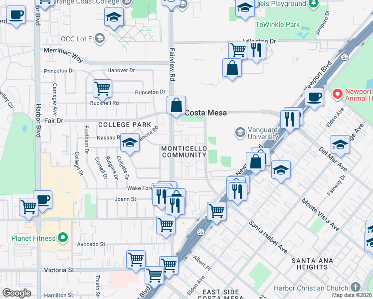 map of restaurants, bars, coffee shops, grocery stores, and more near 2408 Saratoga Way in Costa Mesa