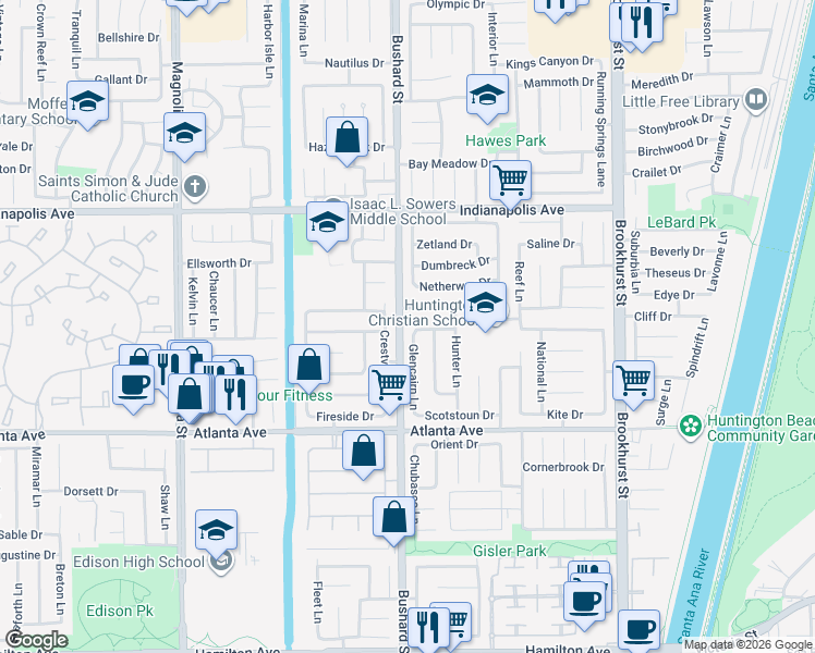 map of restaurants, bars, coffee shops, grocery stores, and more near 9542 Erskine Drive in Huntington Beach
