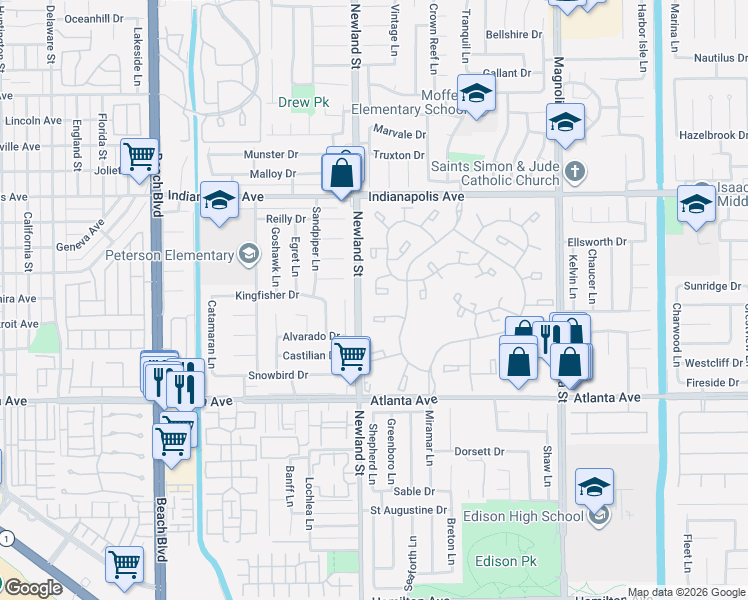 map of restaurants, bars, coffee shops, grocery stores, and more near 20732 Mission Lane in Huntington Beach