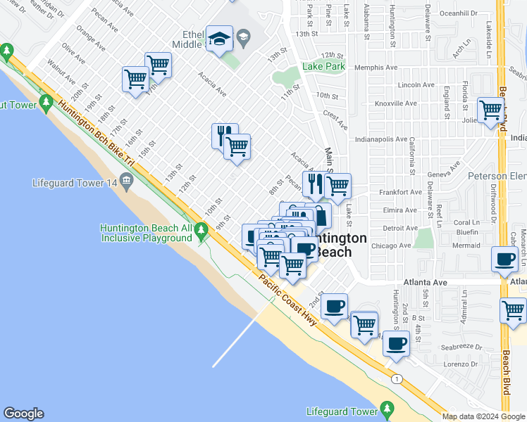 map of restaurants, bars, coffee shops, grocery stores, and more near 810 Olive Avenue in Huntington Beach