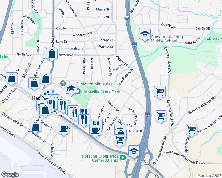map of restaurants, bars, coffee shops, grocery stores, and more near 3397 Old Jonesboro Road in Hapeville