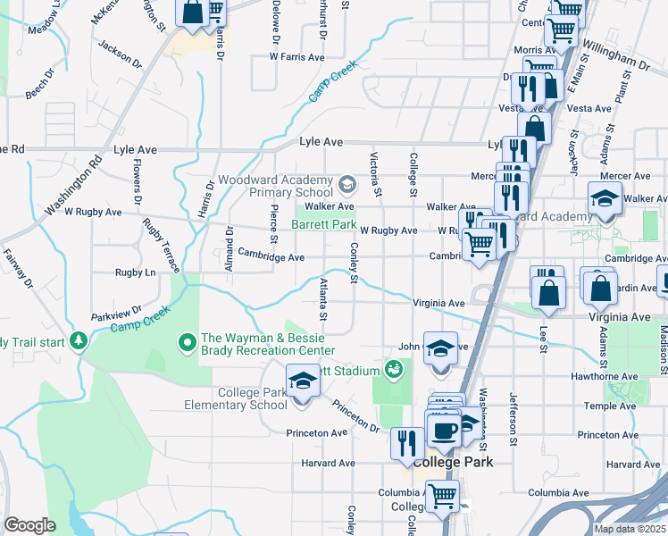 map of restaurants, bars, coffee shops, grocery stores, and more near 2014 Cambridge Avenue in College Park