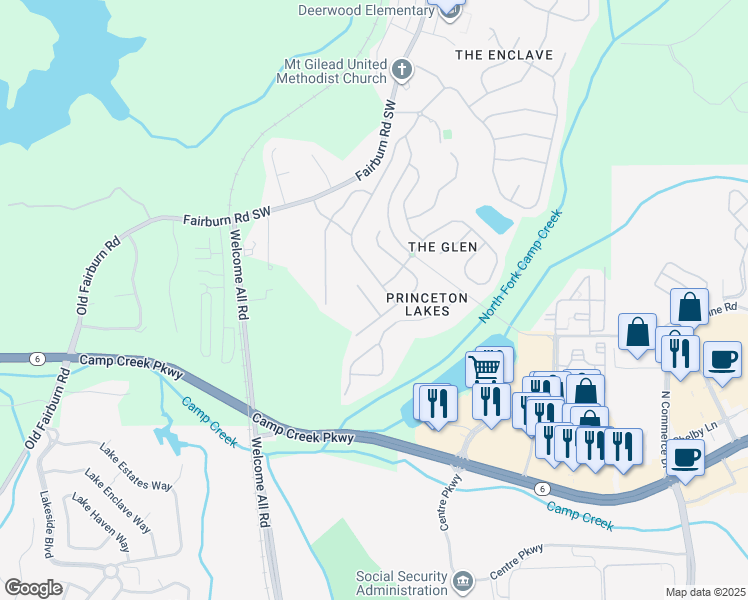 map of restaurants, bars, coffee shops, grocery stores, and more near 3613 Tinsley Way Southwest in Atlanta
