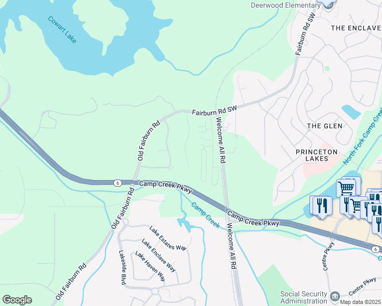 map of restaurants, bars, coffee shops, grocery stores, and more near 3452 Village Park Lane Southwest in Atlanta
