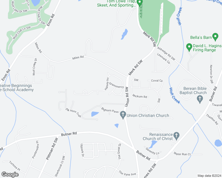 map of restaurants, bars, coffee shops, grocery stores, and more near 5604 Halsey Trace Southwest in Atlanta