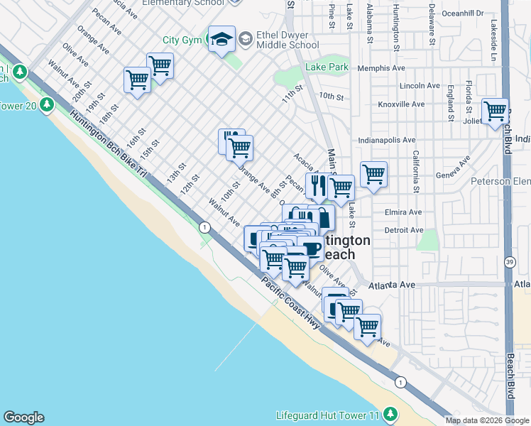 map of restaurants, bars, coffee shops, grocery stores, and more near 302 8th Street in Huntington Beach