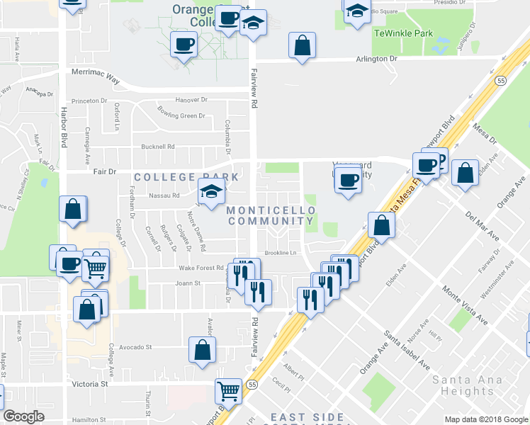 map of restaurants, bars, coffee shops, grocery stores, and more near 180 Yorktown Lane in Costa Mesa