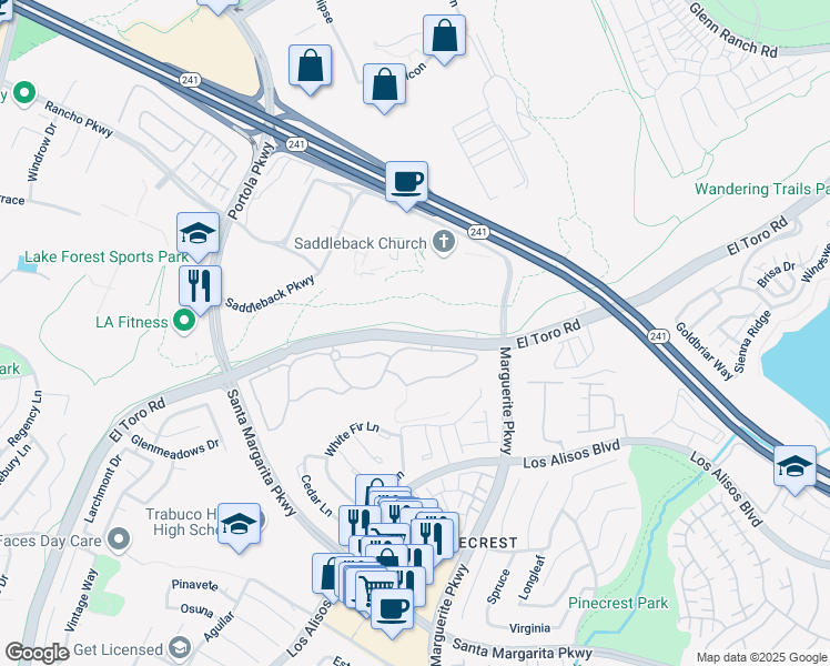 map of restaurants, bars, coffee shops, grocery stores, and more near 20851 El Toro Road in Lake Forest