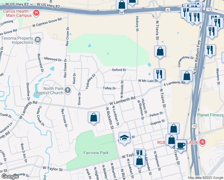 map of restaurants, bars, coffee shops, grocery stores, and more near 601 Talley Drive in Sherman