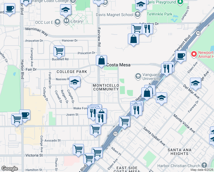 map of restaurants, bars, coffee shops, grocery stores, and more near 157 Yorktown Lane in Costa Mesa