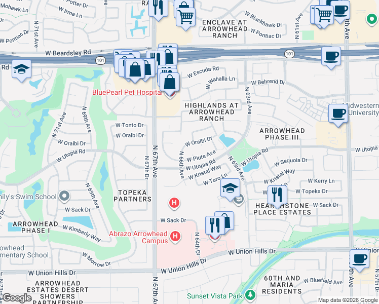 map of restaurants, bars, coffee shops, grocery stores, and more near 6585 West Oraibi Drive in Glendale