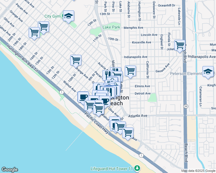 map of restaurants, bars, coffee shops, grocery stores, and more near 415 6th Street in Huntington Beach