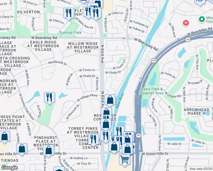 map of restaurants, bars, coffee shops, grocery stores, and more near 7 North 83rd Avenue in Peoria