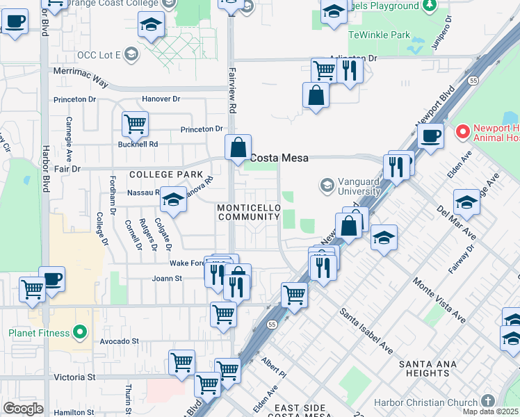 map of restaurants, bars, coffee shops, grocery stores, and more near 141 Yorktown Lane in Costa Mesa