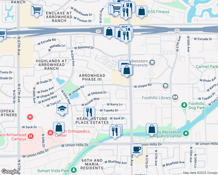 map of restaurants, bars, coffee shops, grocery stores, and more near 19418 North 60th Avenue in Glendale