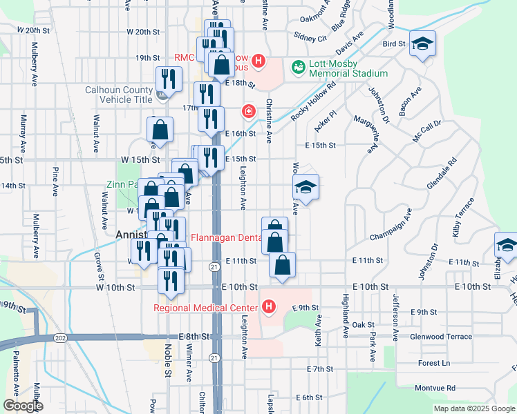 map of restaurants, bars, coffee shops, grocery stores, and more near 319 East 13th Street in Anniston