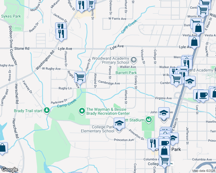 map of restaurants, bars, coffee shops, grocery stores, and more near 3457 Pierce Street in College Park