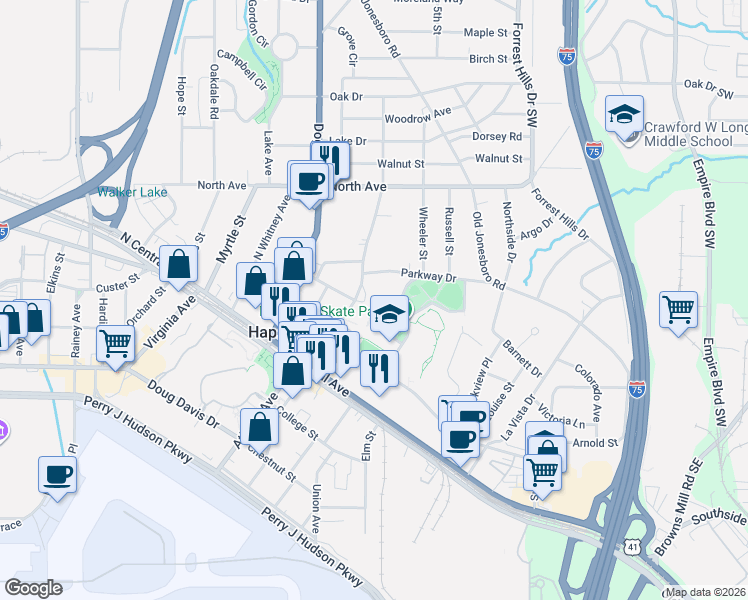 map of restaurants, bars, coffee shops, grocery stores, and more near 3396 Park Avenue in Hapeville