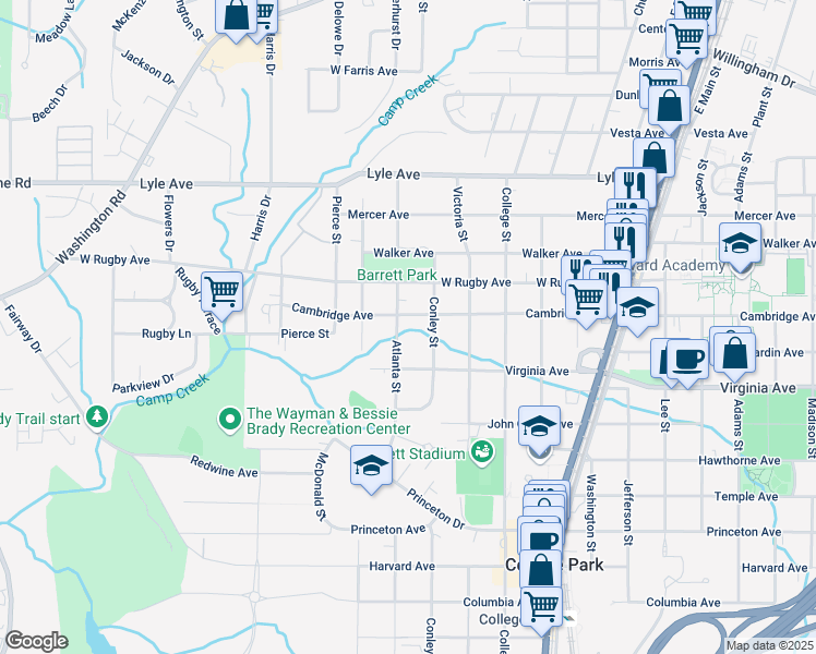 map of restaurants, bars, coffee shops, grocery stores, and more near 2014 Cambridge Avenue in College Park