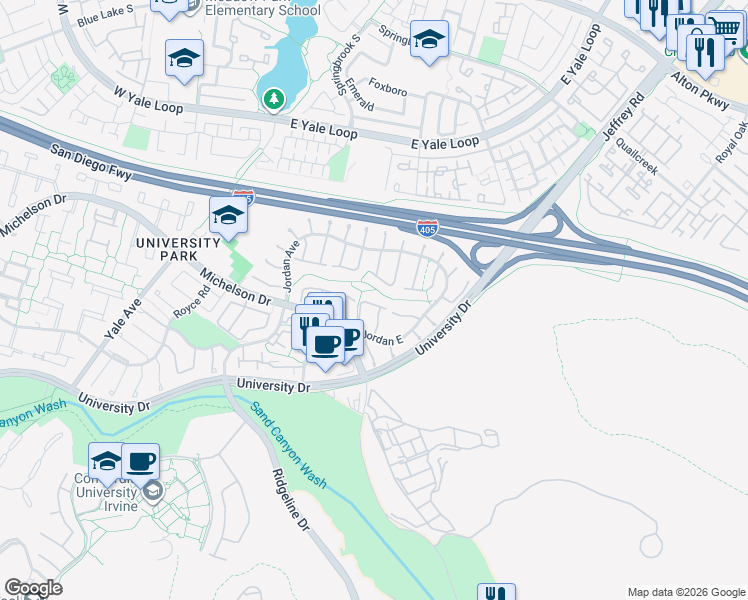 map of restaurants, bars, coffee shops, grocery stores, and more near 17303 Rosewood in Irvine