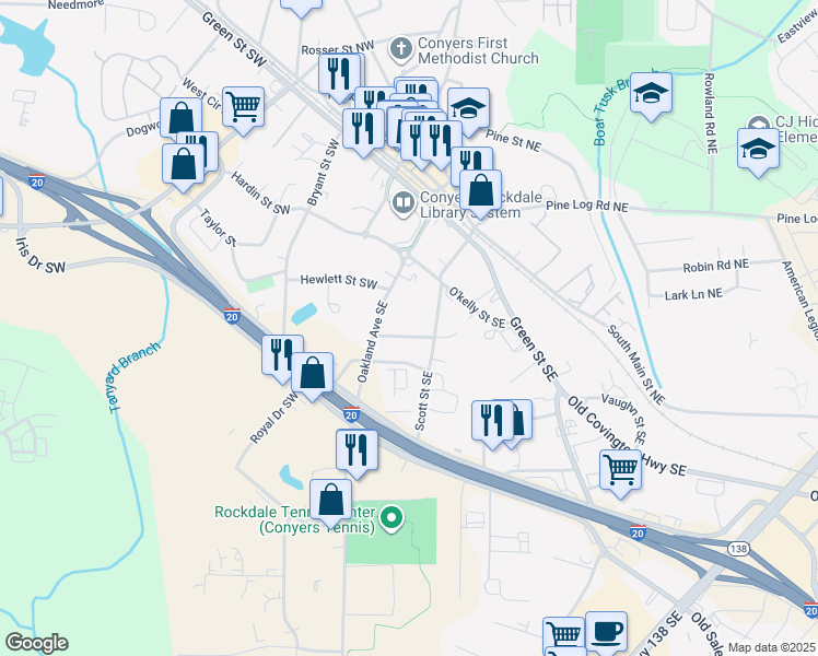 map of restaurants, bars, coffee shops, grocery stores, and more near 910 Malcolm Street Southeast in Conyers