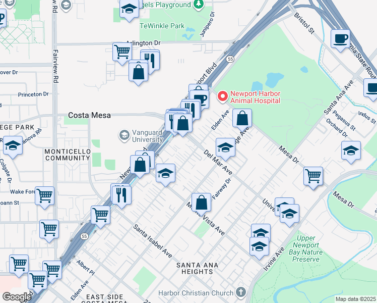 map of restaurants, bars, coffee shops, grocery stores, and more near 2569 Elden Avenue in Costa Mesa