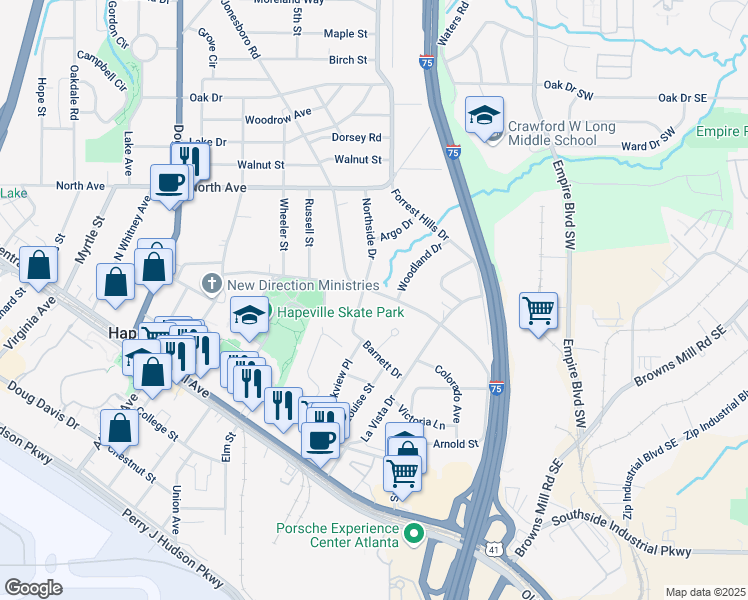 map of restaurants, bars, coffee shops, grocery stores, and more near 3397 Old Jonesboro Road in Hapeville