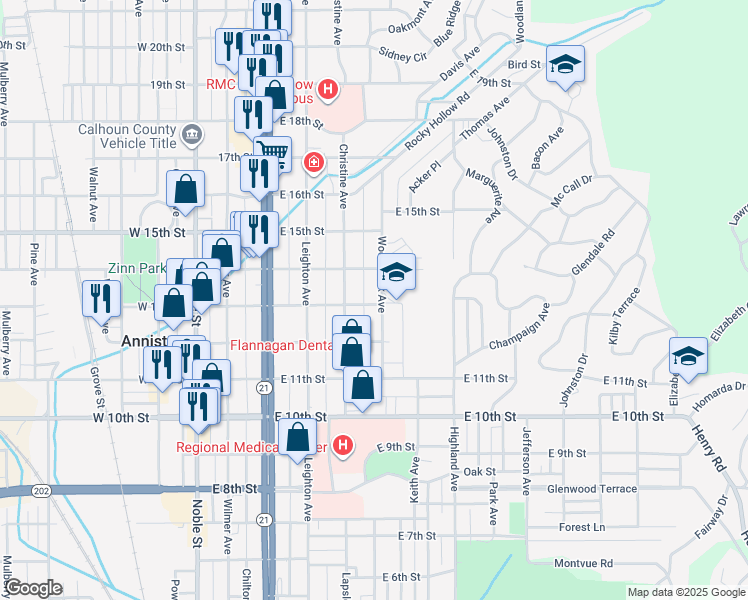 map of restaurants, bars, coffee shops, grocery stores, and more near 419 East 13th Street in Anniston