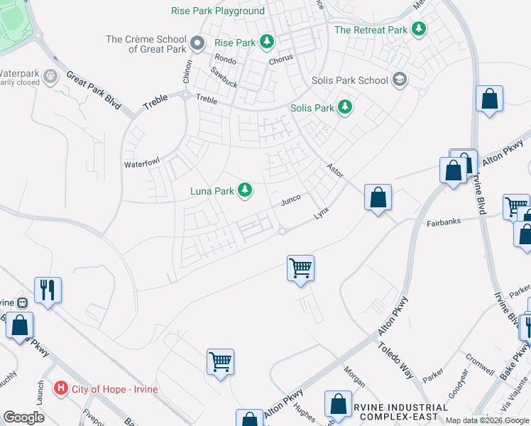 map of restaurants, bars, coffee shops, grocery stores, and more near 504 Gadwall in Irvine