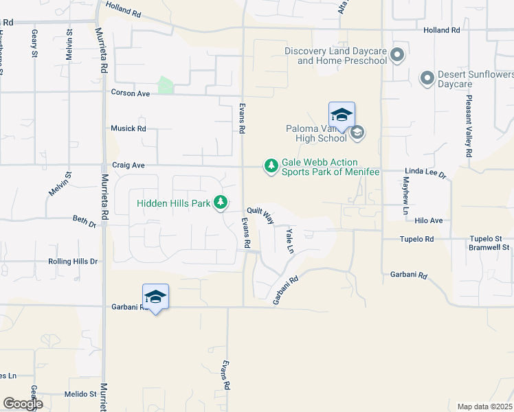 map of restaurants, bars, coffee shops, grocery stores, and more near 31652 Quilt Way in Menifee