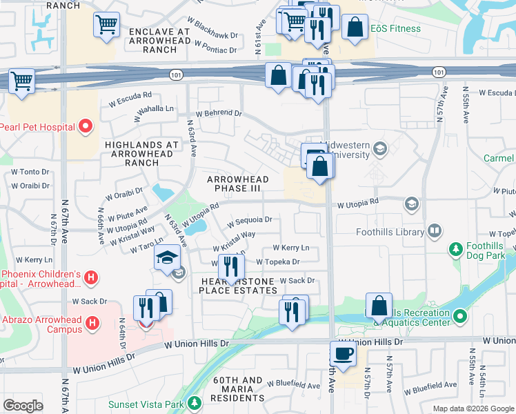 map of restaurants, bars, coffee shops, grocery stores, and more near 19420 North 61st Avenue in Glendale