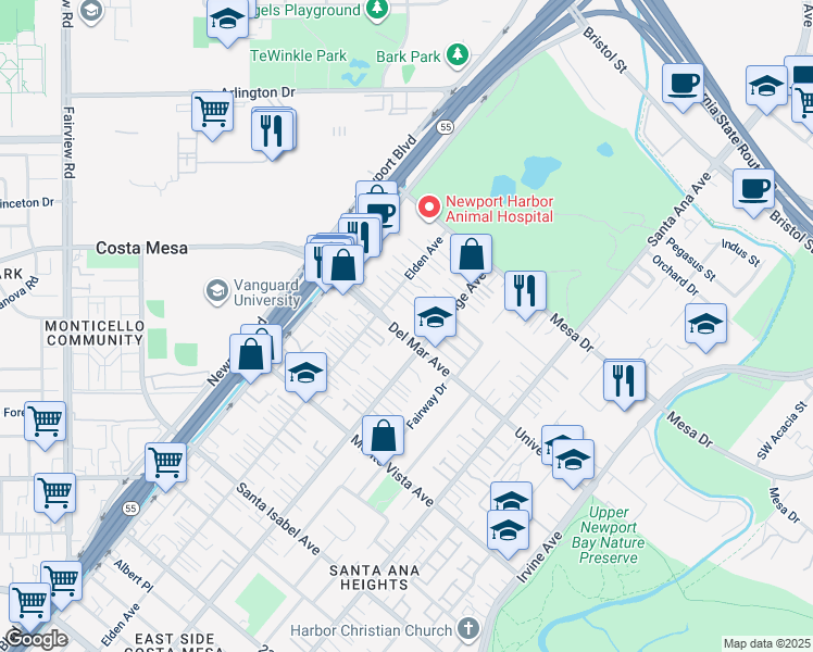 map of restaurants, bars, coffee shops, grocery stores, and more near 176 Del Mar Avenue in Costa Mesa